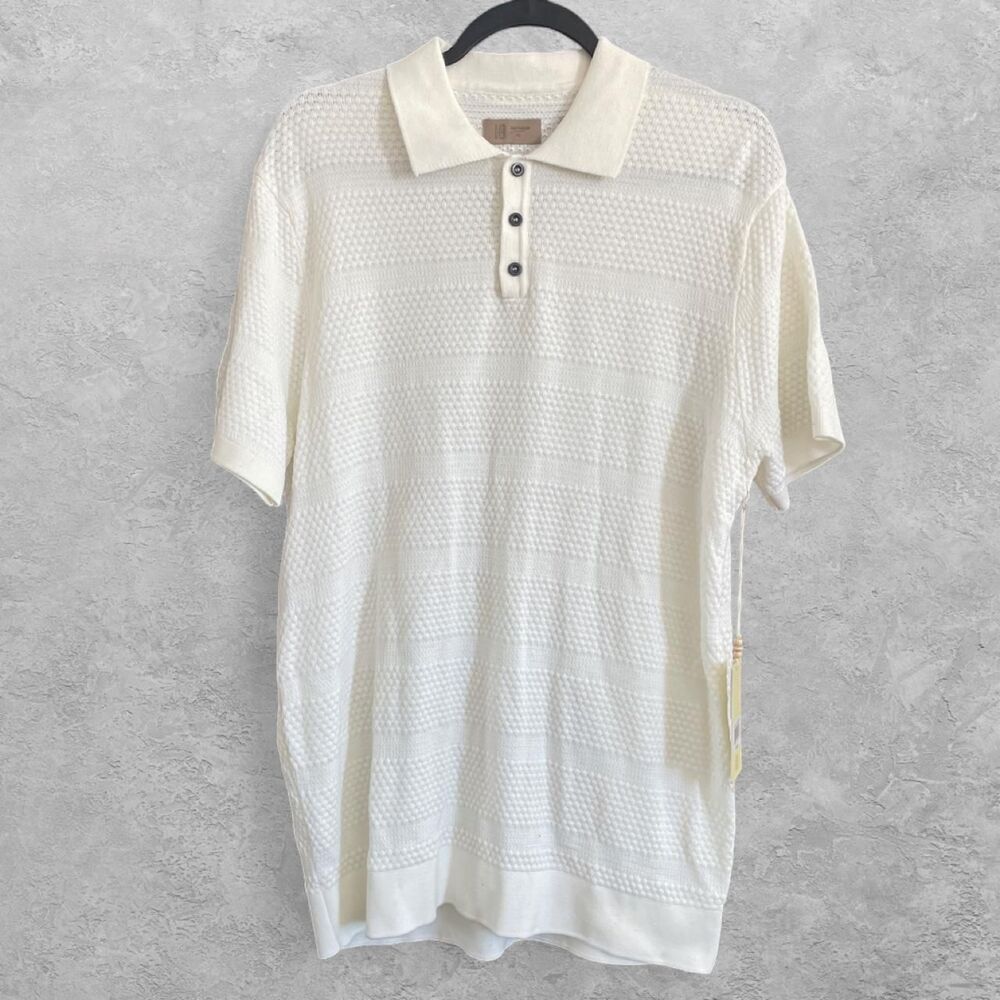 Hudson & Barrow Off White Textured Knit Polo Shirt XL Preppy Old Money